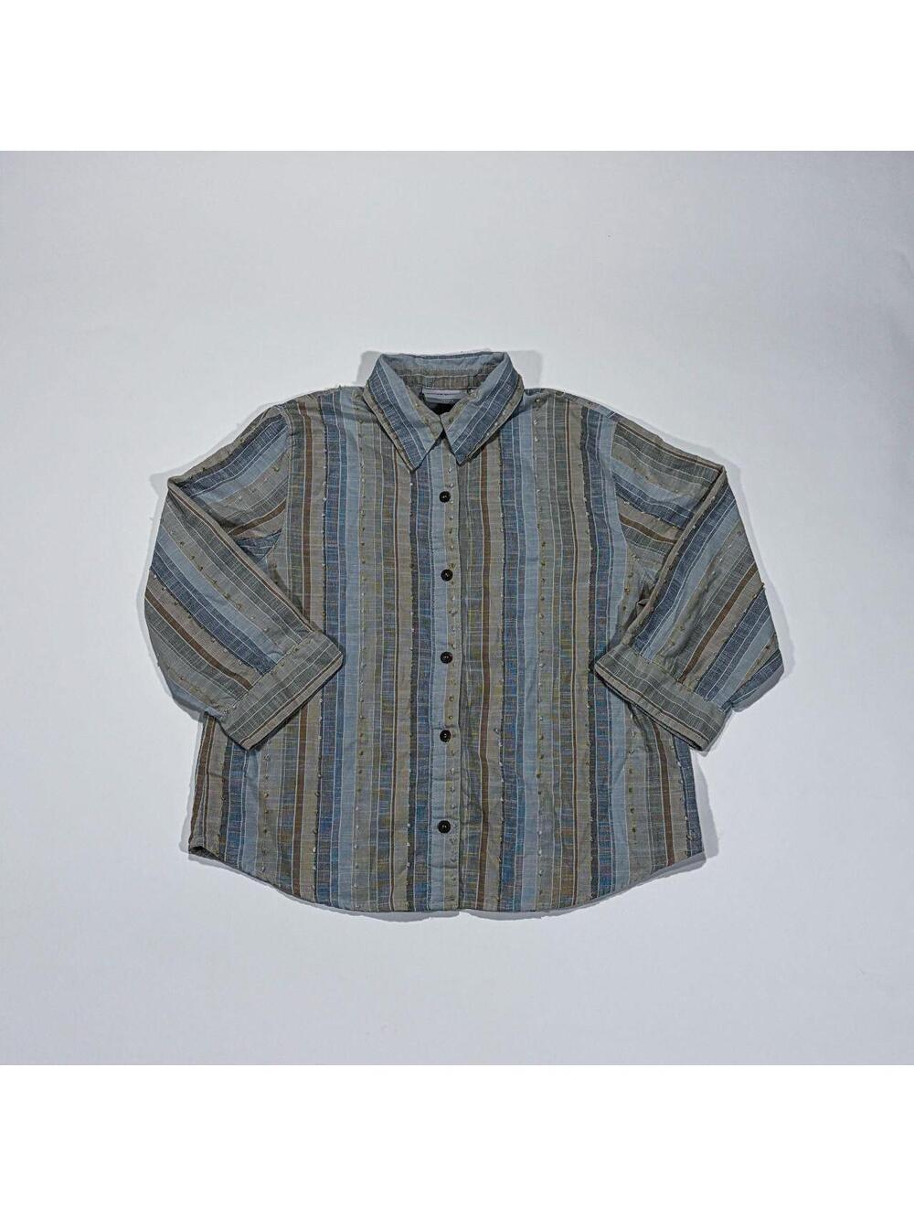 Striped Button Down Shirt Y2K Beachy Blue Green French Knot Boho